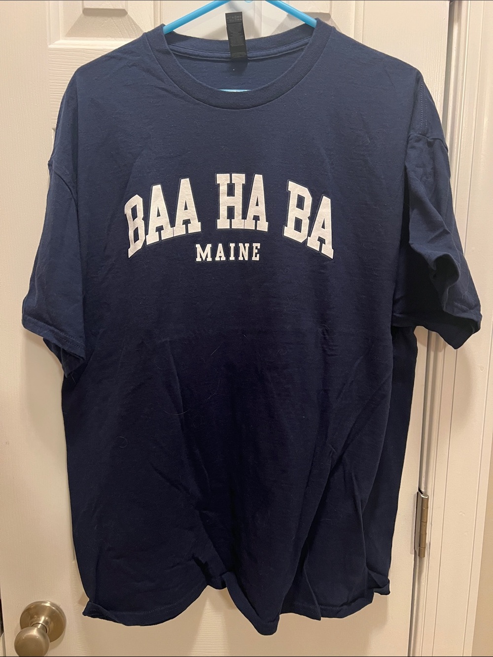 Gildan Navy Crewneck Tee with White "BAA HA BA" Maine Graphic (Bar Harbor)